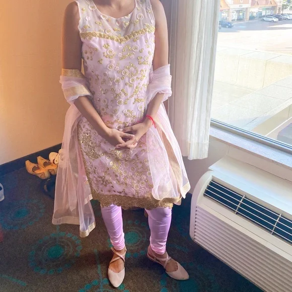 slim fit dress slacks Pink & Gold Traditional Indian Bridal Silk Wedding Outfit with Net Dupatta.  [product_title] | OORVI DESAI